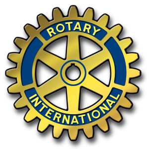 Logo of Rotary International featuring a gold wheel with blue accents and text.